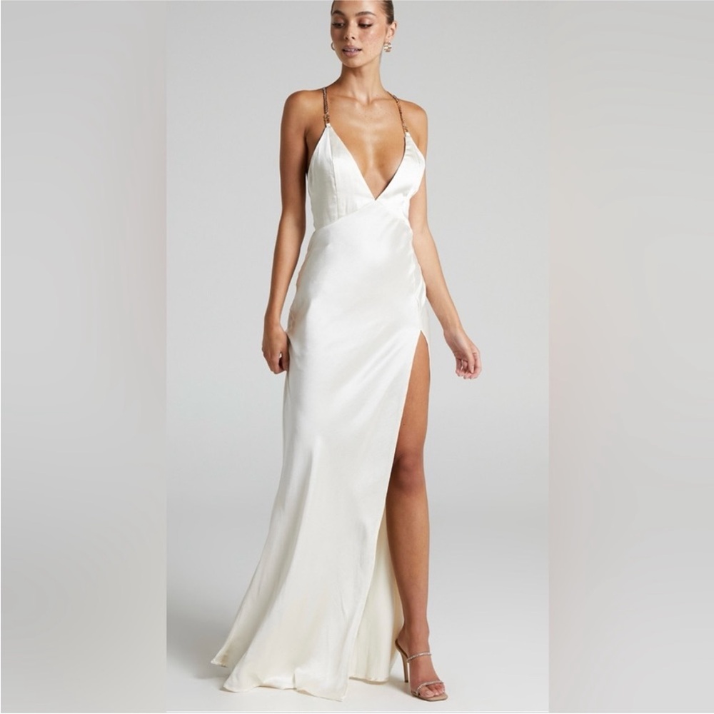 Showpo Cheche Chain Strap Plunge Back Bias Cut Satin Maxi Dress Evening Gown